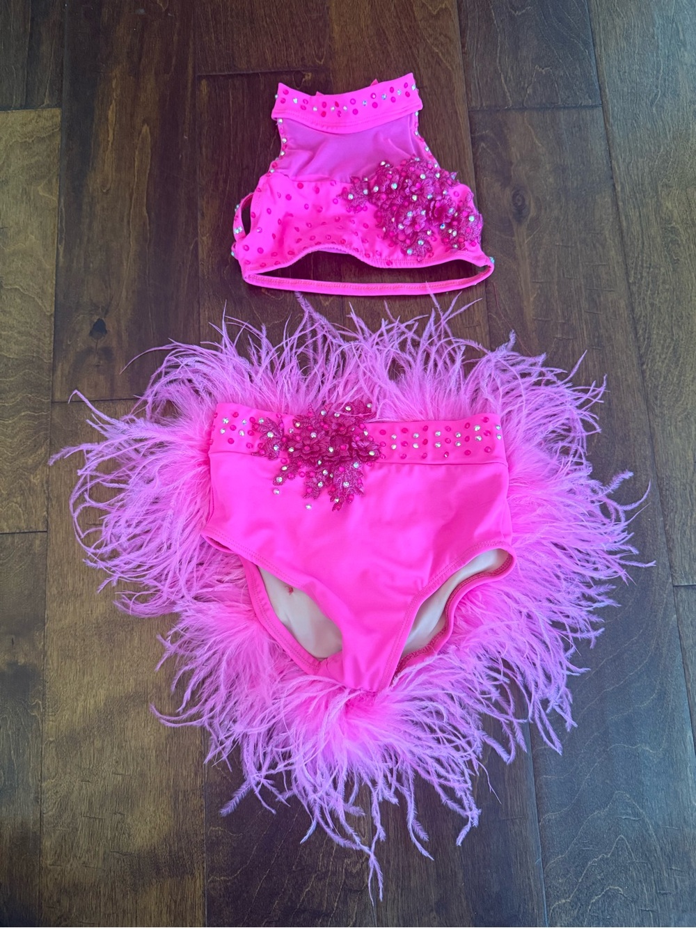 💗 Hot Pink Girls Dance Costume – Rhinestones & Feather Detail 💗